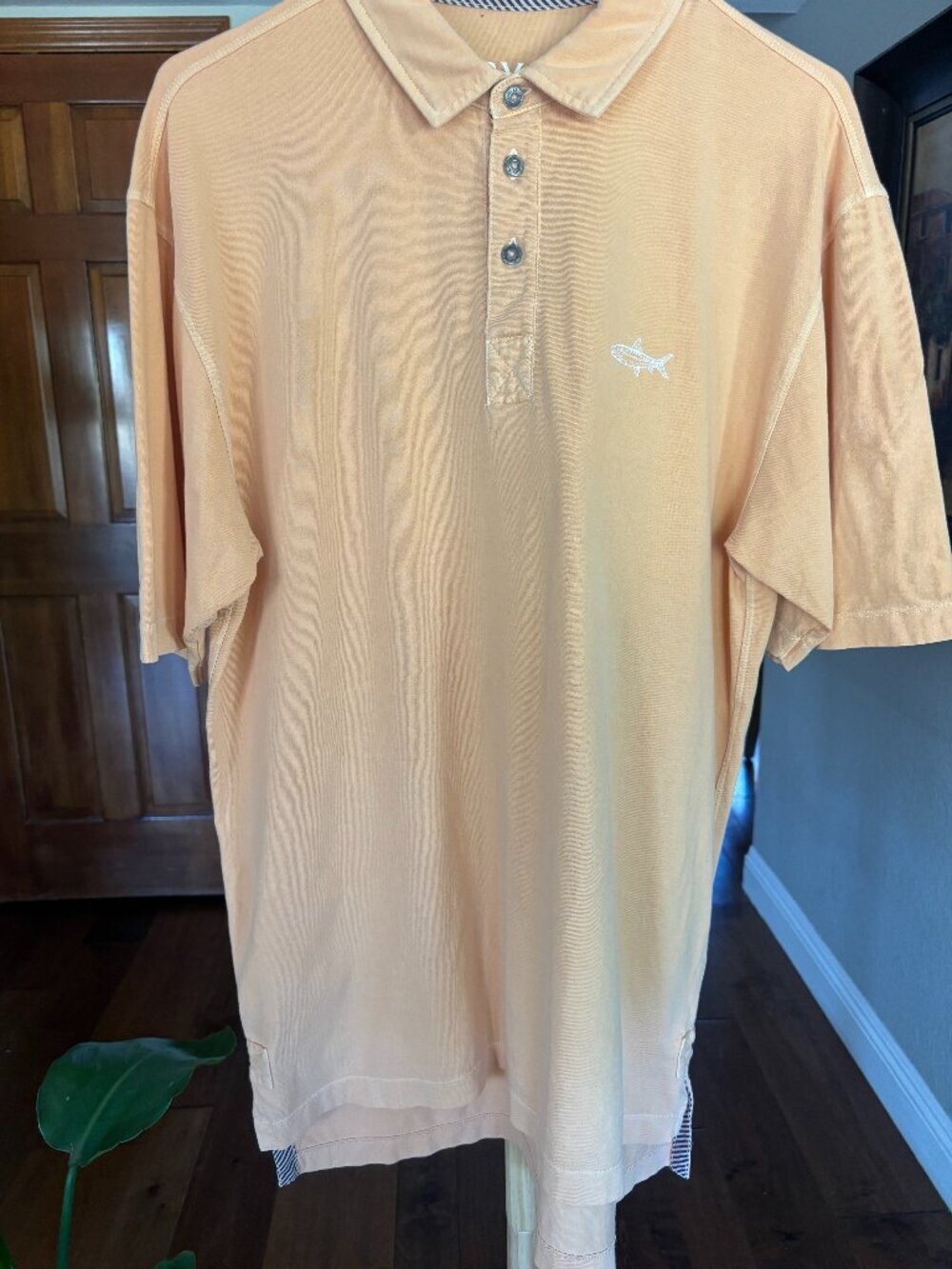 Orvis Men's Polo Shirt M Peach Apricot Tarpon Fish Embroidery Cotton Peru Made